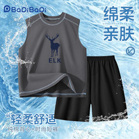 巴帝巴帝 男童背心短裤套装 烟灰一只小鹿+黑色 150