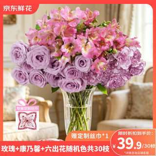 京东鲜花 精选520礼物！玫瑰10枝+康乃馨10枝+水仙百合10枝  源头直发