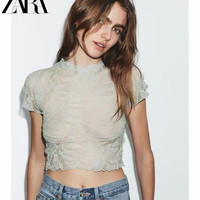 ZARA 2026春夏 女士短袖圆领蕾丝短款上衣 06050307514