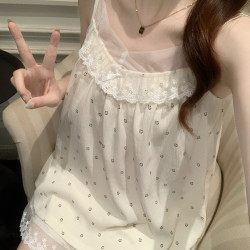 夏季新款 女士 睡衣套装 云朵棉蕾丝V领吊带短裤