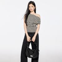 A21 夏季条纹小短袖一字肩辣妹T恤女时髦修身显瘦百搭多种穿法上衣女