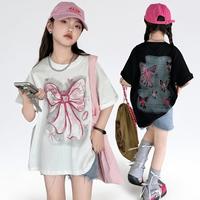 天伦天 女童夏装T恤26新款蝴蝶结印花短袖中大童时尚修身百搭学生上衣