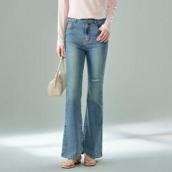 摩凡 夏新款时尚破洞高腰微喇牛仔裤女
