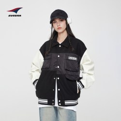 倍福来 美式复古拼接PU加厚 棒球服