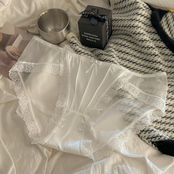 FOURDATRY 内裤女士无痕薄款少女生法式缎面纯欲蕾丝性感网纱棉裆中腰短裤头