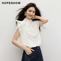 HOPESHOW红袖 对丝荷叶边压褶花苞立领小飞袖衬衫两件套