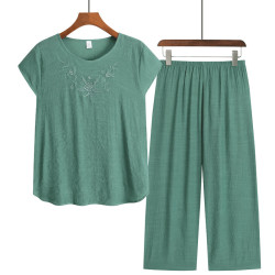 QITA 妈妈装睡衣套装春夏短袖七分裤两件套中老年人家居服夏装大码绵绸