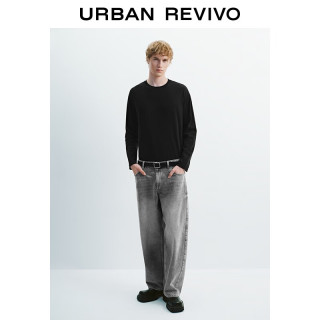URBAN REVIVO UMM450120 字母刺绣棉质圆领长袖T恤 黑色 XS