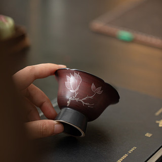 灵沐 手绘玉兰花开 山楂红 高足美人杯 陶瓷品茗杯
