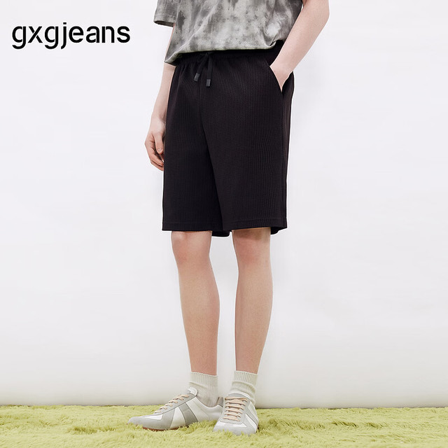 gxgjeans 26夏新品 美式华夫格肌理抽绳宽松直筒短裤 黑色