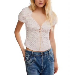 free people 女款V领 荷叶边饰短袖上衣