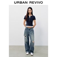 URBAN REVIVO UYV860069 水洗猫须纹破洞弯刀牛仔裤 蓝色 25