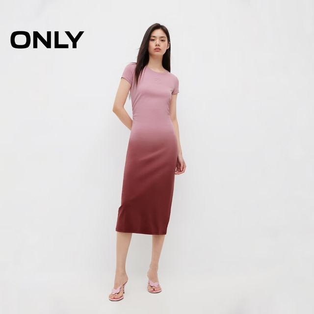 ONLY 秋季休闲百搭显瘦渐变刺绣中长款连衣裙女|124161014 E15 桃花木色