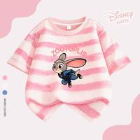 Disney baby 迪士尼宝宝 女童短袖休闲潮流宽横条T恤中大童装宽松上衣