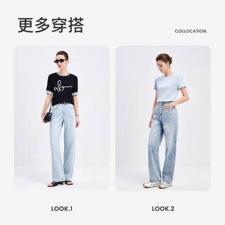 纳维凯尔 棉质高腰宽松牛仔裤 冰水蓝 XL