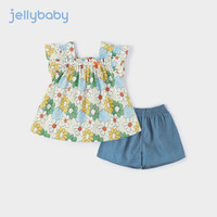 JELLYBABY 女童纯棉碎花方领飞飞袖两件套 蓝色 80cm
