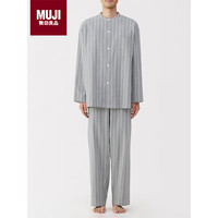 無印良品 MUJI 男式 无侧缝法兰绒立领长袖睡衣男士家居服 藏青色条纹 XL