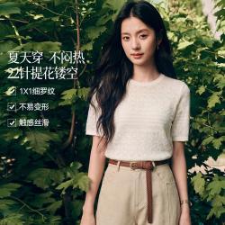 诗凡黎 镂空提花短袖针织衫设计感气质小上衣