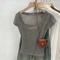 帕兰朵 超好看独特漂亮微透灰色U领短袖T恤女打底款高级感小众不撞