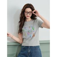 La·go·go 2026春款小熊日记印花甜美可爱小个子通勤短袖圆领上衣T恤女