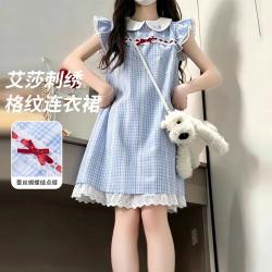 迪士尼 艾莎公主格纹连衣裙女童2026夏季新款儿童中大童小清新裙子