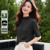 斯尔丽 通勤条纹短袖T恤女2026春夏时髦气质立领短袖