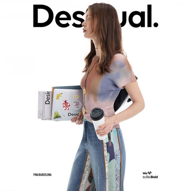 Desigual 26春夏新品褶皱晕染印花短袖女式T恤