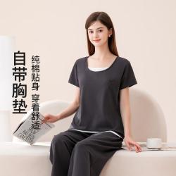 芬腾 睡衣女士假两件运动风圆领短袖长裤家居服套装外穿