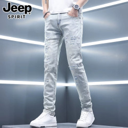 JEEP SPIRIT JEEPSPIRIT夏季新款男士破洞牛仔裤男潮流薄款弹力修身小脚休闲裤