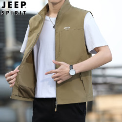 JEEP SPIRIT 夏季薄款马甲男背心2025休闲网眼冰丝透气立领无袖坎肩拉链马夹男 卡其色 有内袋857.0拉链马夹