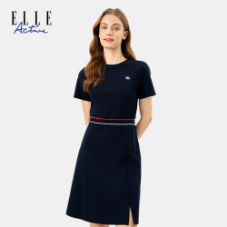 ELLE Active 女士法式优雅连衣裙 撞色高腰裙显瘦小A通勤开叉修身气质