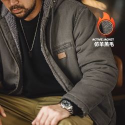 马登 男士连帽夹克 J141 仿羊羔毛加绒保暖帆布外套