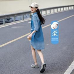 德玛纳 夏翻领棉衬衫裙五分袖牛仔连衣裙女短款