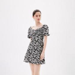 ONLY 夏季时尚气质方领泡泡袖收腰显瘦短款碎花连衣裙女