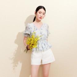VERO MODA 衬衫女26夏V领印花泡泡短袖荷叶边下摆上衣优雅