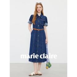 Marie Claire 收腰翻领a字牛仔连衣裙女夏季衬衫通勤中长裙