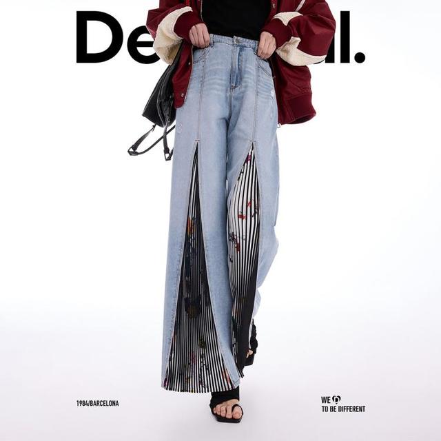 Desigual 26春夏新品插画印花百褶拼接长款女式牛仔裤