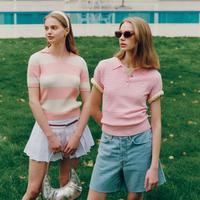 E·LAND 衣恋 E.LAND 衣恋POLO衫女绞花针织短袖毛衣t恤学院风上衣夏款