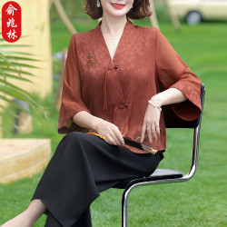 俞兆林 母亲节中年妈妈夏装洋气小衫中式套装贵夫人夏季七分袖中国风上衣