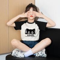 唐狮童装 女童T恤2026夏季款儿童短袖T恤中大童卡通撞色插肩袖T恤
