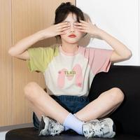 唐狮童装 女童T恤上衣夏季潮款儿童短袖T恤中大童时尚撞色插肩袖T恤