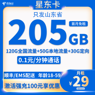 中国电信 山东省卡29元205G全国流量不限速