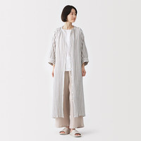 MUJI 无印良品 女式杨柳纱织五分袖连衣裙睡裙 米色条纹 M