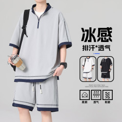 月伊纺 短袖t恤两件套男夏季半拉链立领宽松大码体恤运动套装短裤两件装
