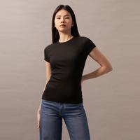 限尺码：卡尔文·克莱恩 CK Jeans 女士通勤简约刺绣罗纹纯色打底圆领短袖T恤 40WJ217