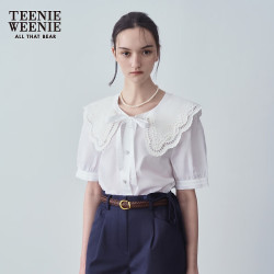 TEENIE WEENIE 【减龄娃娃领】小熊莱赛尔棉大翻领蕾丝短袖女衬衫