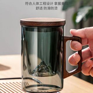 溥畔 茶水分离玻璃杯 胡桃木把灰色 带盖滤网