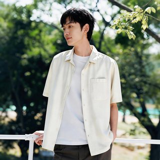 森马 棉麻小古巴领宽松短袖衬衫 男