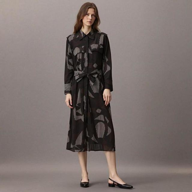 限尺码：Massimo Dutti 高级感撞色印花绑带设计直筒宽松衬衫式连衣裙
