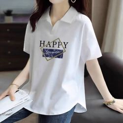 啄木鸟 白色POLO衫女短袖夏季休闲胖MM大码宽松显瘦下摆翻领T恤潮